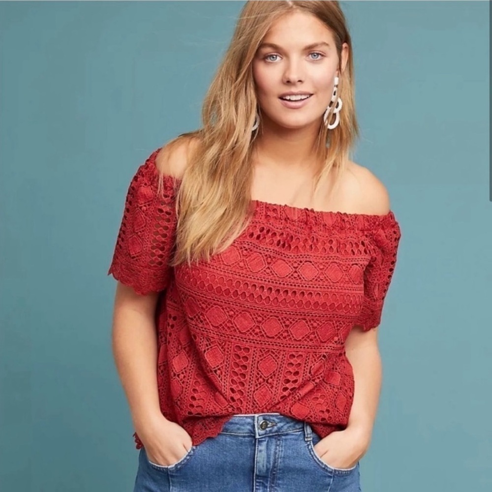 Sunday In Brooklyn Anthropologie Evie Off Shoulder Eyelet Lace Top Rust Large